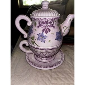 Decorative Flowered Tea Pot With Plate